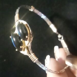 Rolando trinity bracelet silver & gold Wire hook & loop black onyx setting